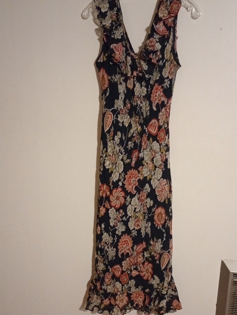 Black Floral Maxi Dress with Ruffle V-Neck Size Med